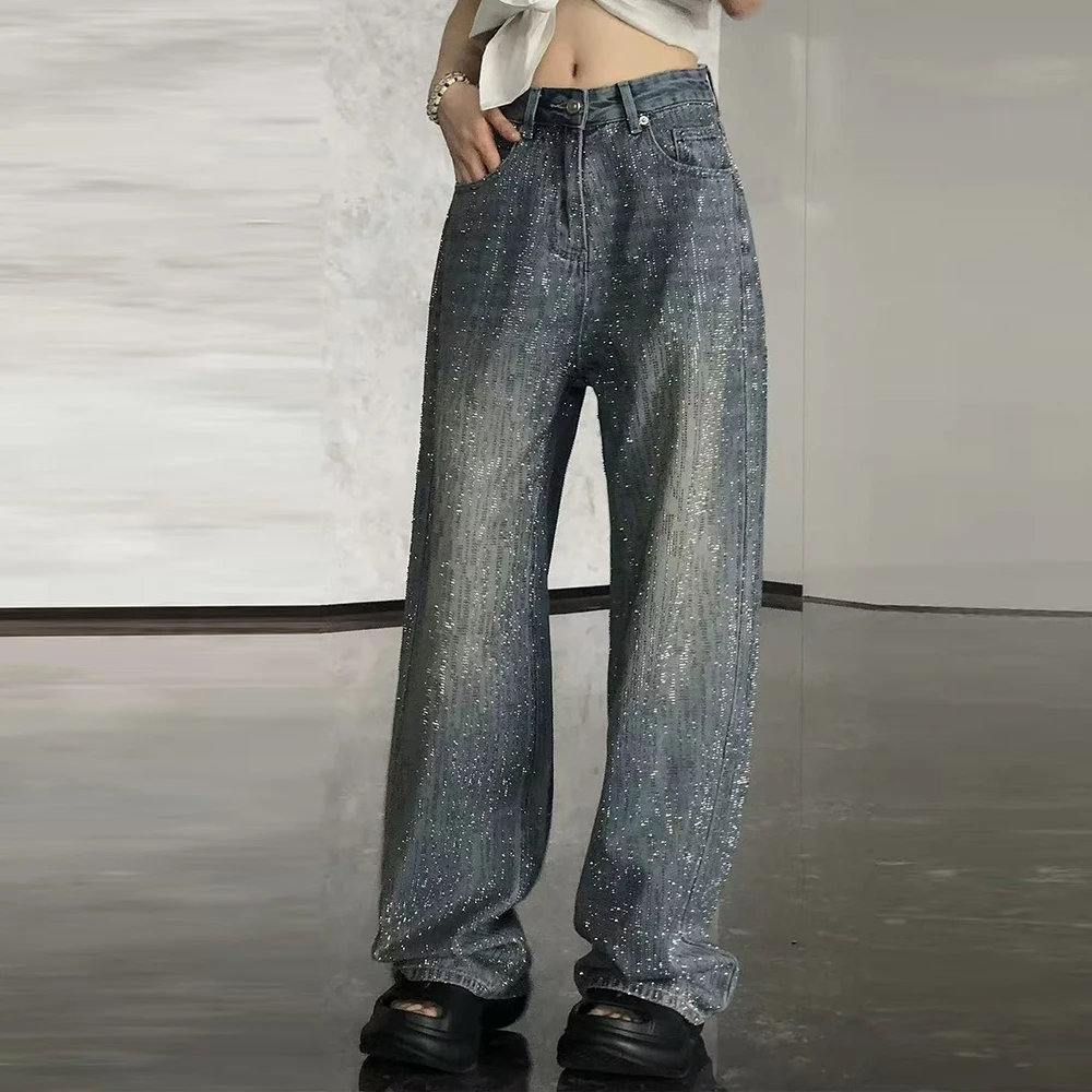 American retro gypsy hot diamond jeans women's autumn and winter high waist loose straight washed floor pants
American retro gypsy hot diamond jeans women's autumn and winter high waist loose straight washed floor pants