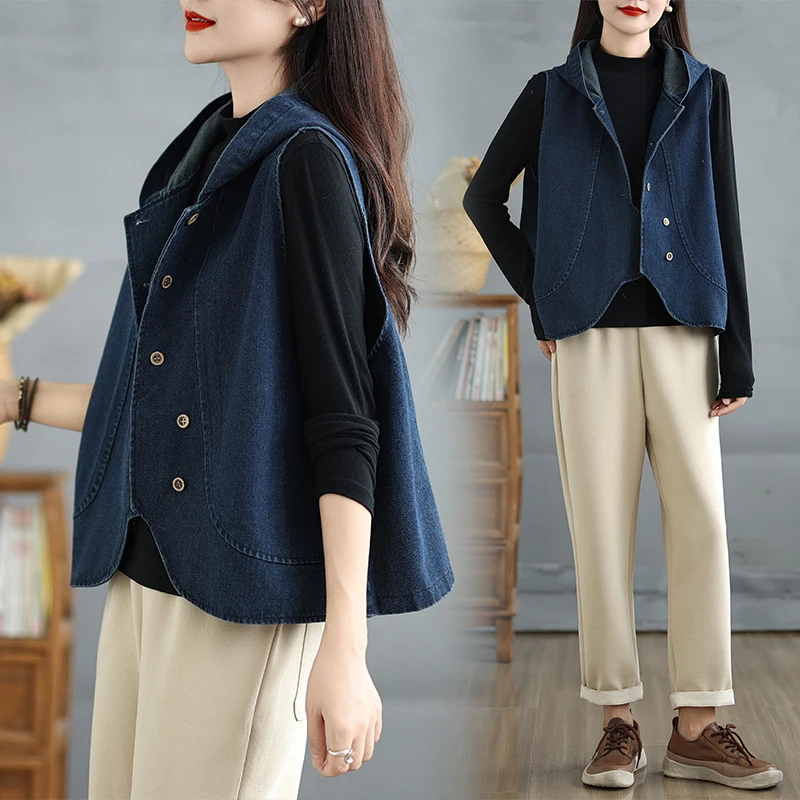 Повседневная джинсовая куртка, женский весенне-осенний жилет для похудения, универсальный повседневный жилет с капюшоном из смеси хлопка, модная верхняя одежда
Повседневная джинсовая куртка, женский весенне-осенний жилет для похудения, универсальный повседневный жилет с капюшоном из смеси хлопка, модная верхняя одежда