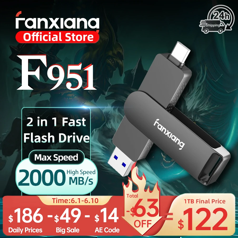 Fanxiang F951 2000MB/s Solid State Pen Drive USB3.2 Gen2x2 512GB 1TB 2 in 1 Type-C+USB-A High Speed Flash Drive For Laptop Phone
Fanxiang F951 2000MB/s Solid State Pen Drive USB3.2 Gen2x2 512GB 1TB 2 in 1 Type-C+USB-A High Speed Flash Drive For Laptop Phone