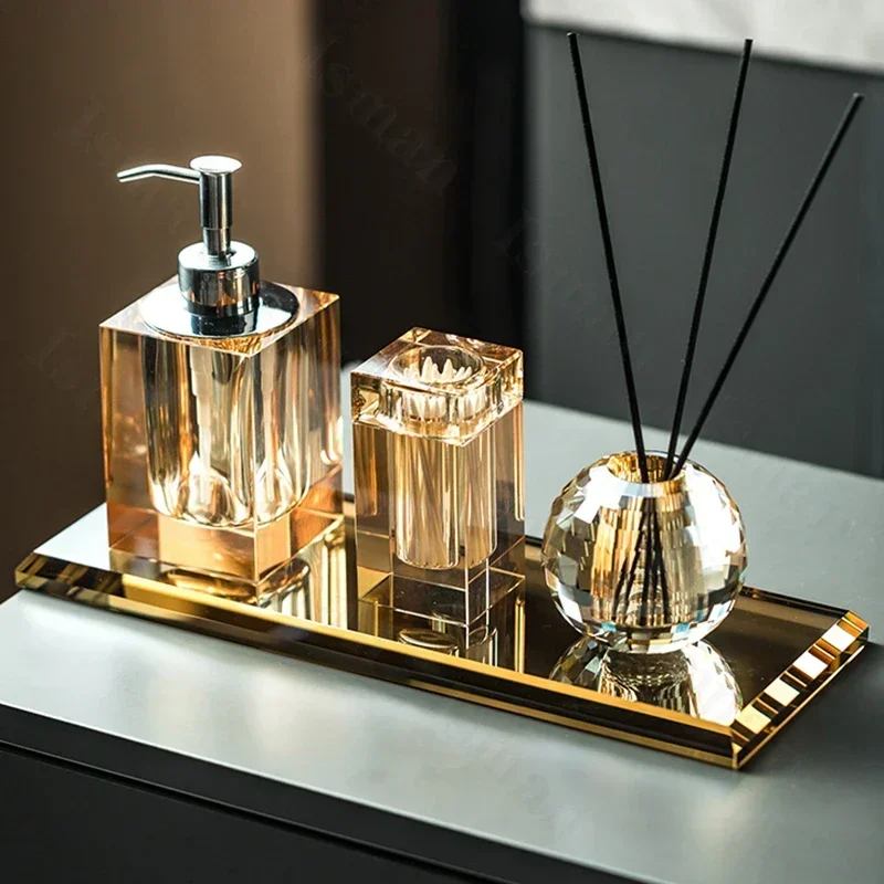 Light Luxury Crystal Glass Bathroom Accessories Set High End Shampoo Bottle Cotton Swab Jar Storage Tray Hotels Bathroom Decor
Light Luxury Crystal Glass Bathroom Accessories Set High End Shampoo Bottle Cotton Swab Jar Storage Tray Hotels Bathroom Decor