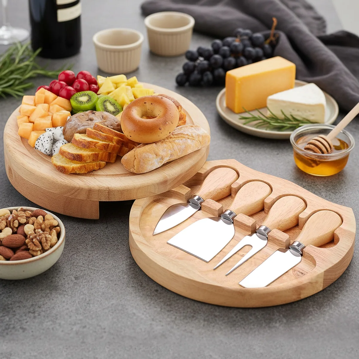 4pcs Round Cheese Board and Knife, 7.8 inch Cheese Cutting Board, Charcuterie Board, Serving Tray, Platter, Idea for Gift
4pcs Round Cheese Board and Knife, 7.8 inch Cheese Cutting Board, Charcuterie Board, Serving Tray, Platter, Idea for Gift