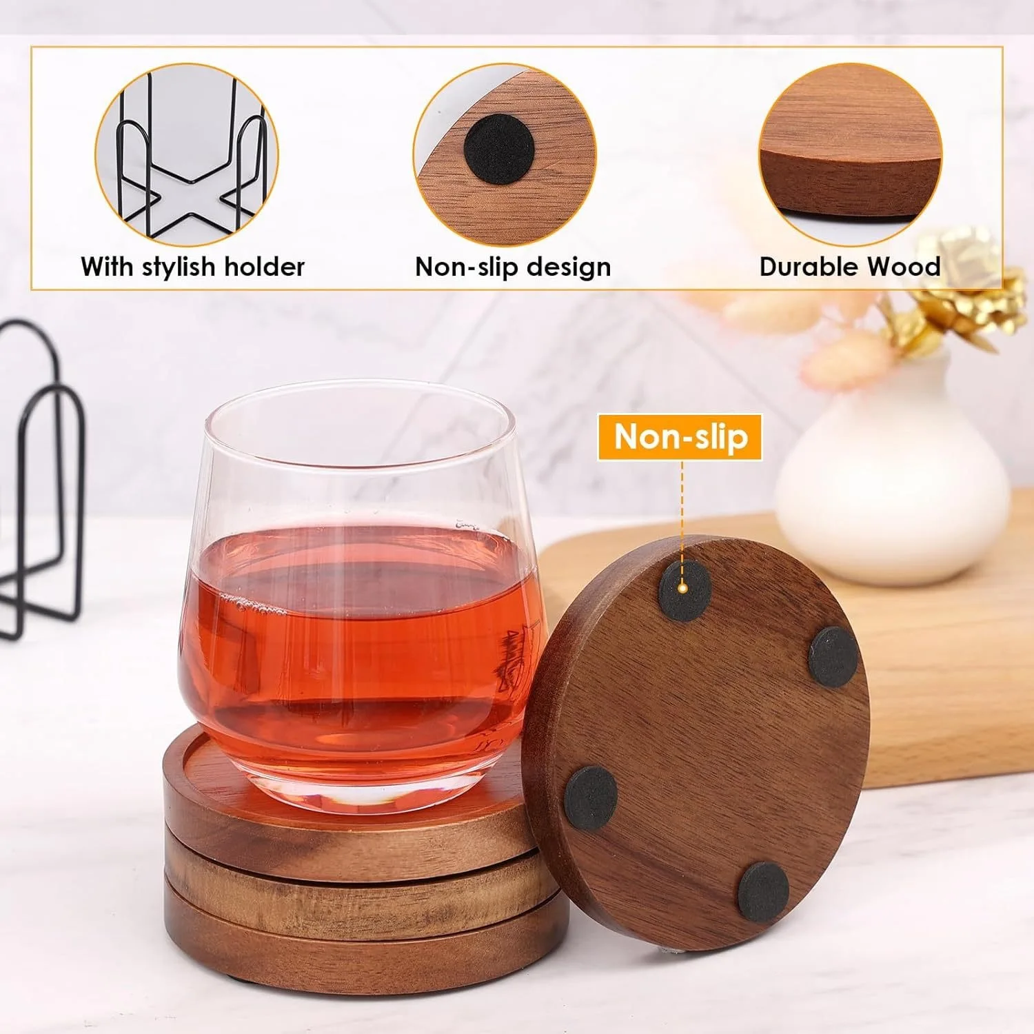 HeMu Wooden Coaster Set with Holder,Non-slip Round Drink Coasters for Coffee Mugs,Tea Cups & Glasses,Space-saving Stackable
HeMu Wooden Coaster Set with Holder,Non-slip Round Drink Coasters for Coffee Mugs,Tea Cups & Glasses,Space-saving Stackable