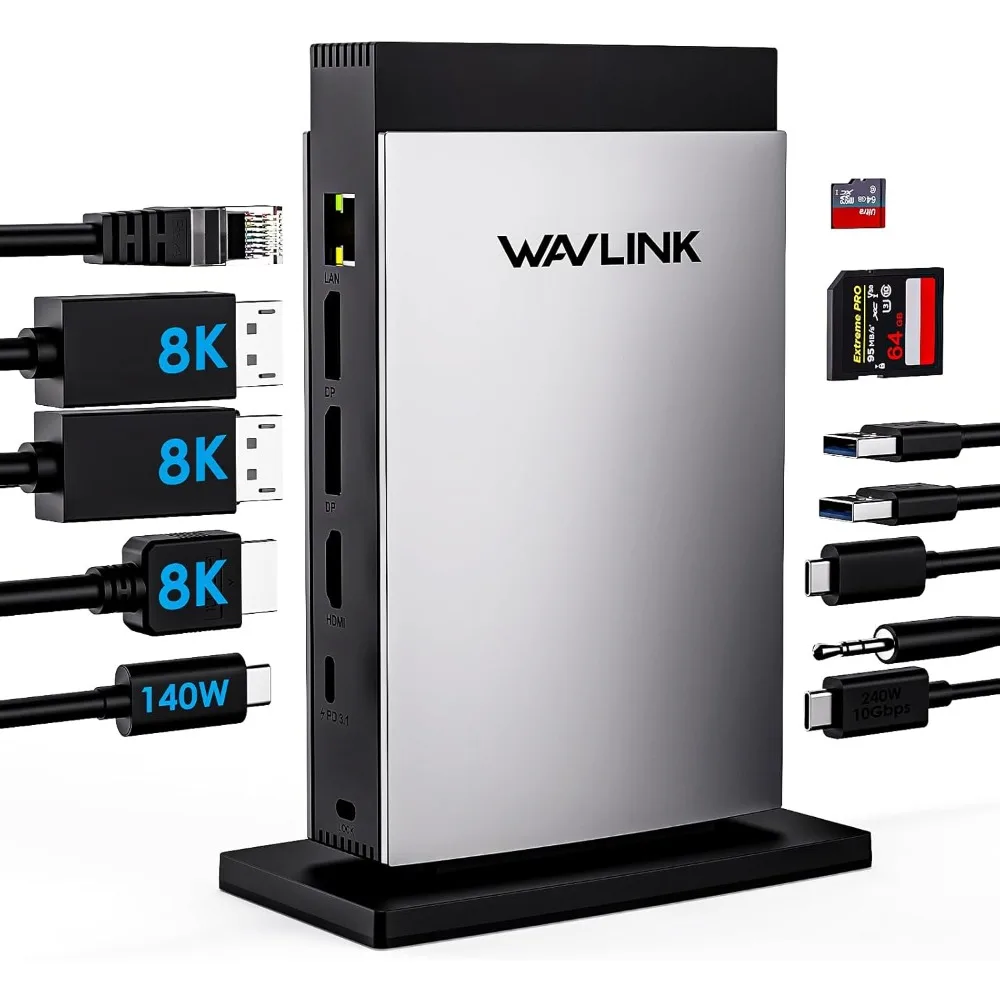 Док-станция для ноутбука, 3 монитора, док-станция 11 в 1 USB C с зарядкой PD3.1 140 Вт, 8K HDMI + двойной 8K Displayport
Док-станция для ноутбука, 3 монитора, док-станция 11 в 1 USB C с зарядкой PD3.1 140 Вт, 8K HDMI + двойной 8K Displayport