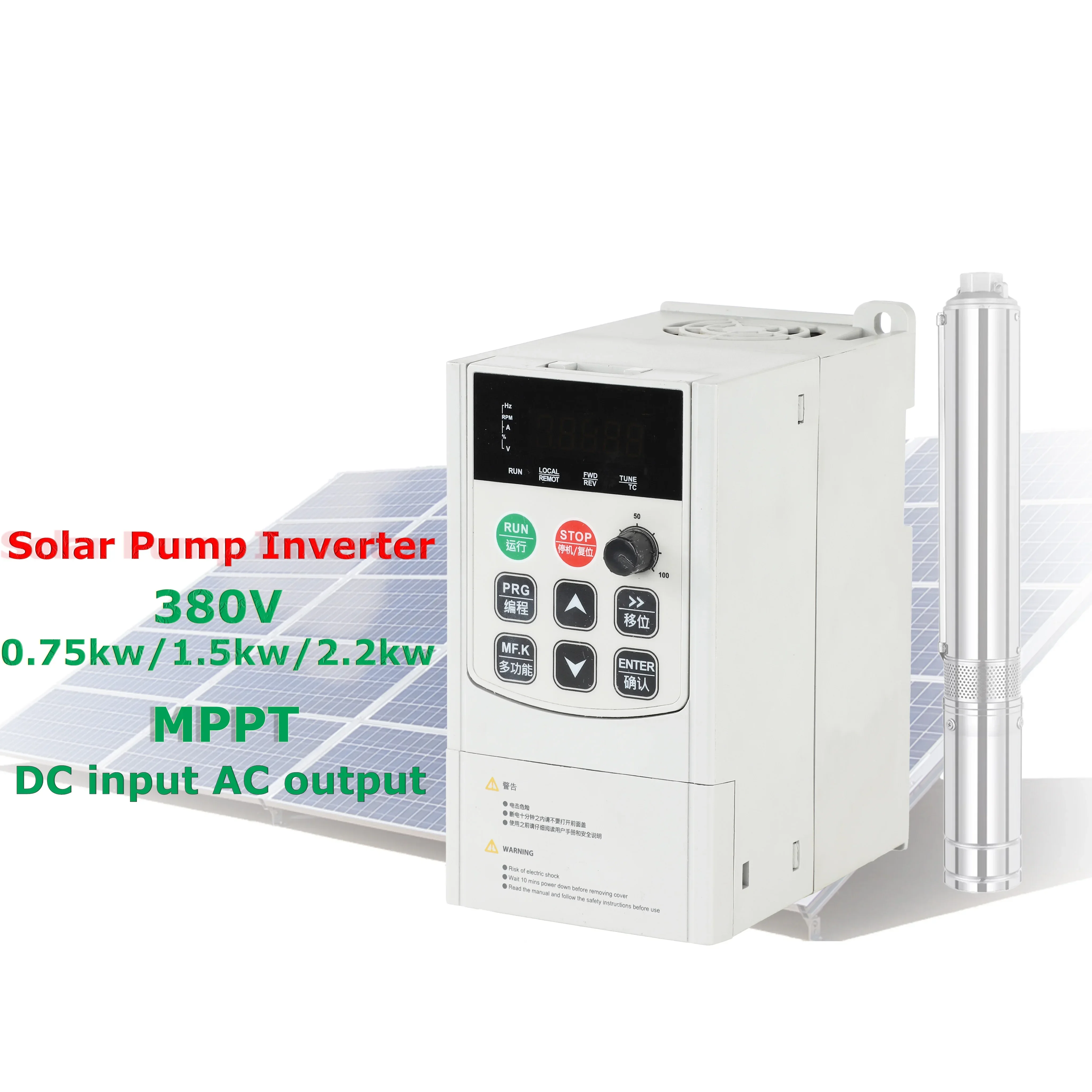 Factory price Solar Pump Inverter 380V 3p 0.75kW 1.5kw 2.2kw Variable Frequency Drive 1hp 2hp 3hp Solar VFD for Motor
Factory price Solar Pump Inverter 380V 3p 0.75kW 1.5kw 2.2kw Variable Frequency Drive 1hp 2hp 3hp Solar VFD for Motor