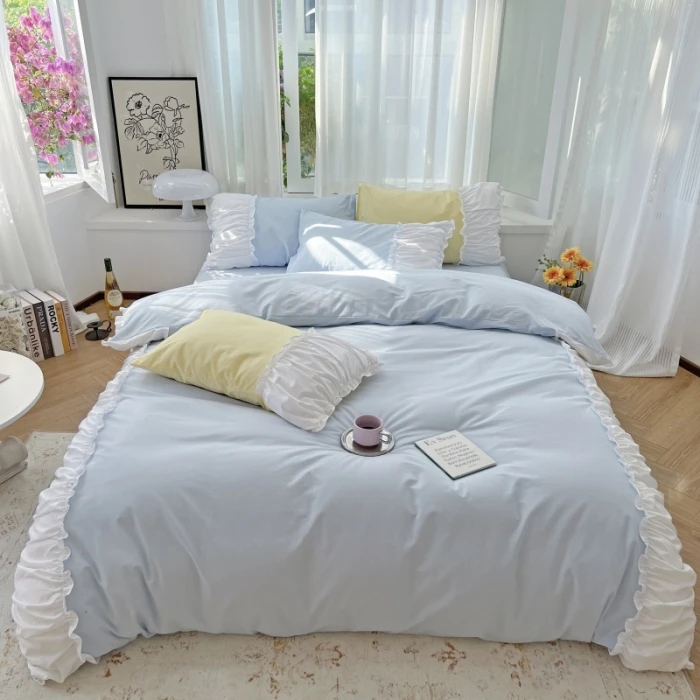 Новый комплект из четырех предметов из французского хлопка с милыми рюшами, 2022, однотонный, сладкий
Новый комплект из четырех предметов из французского хлопка с милыми рюшами, 2022, однотонный, сладкий