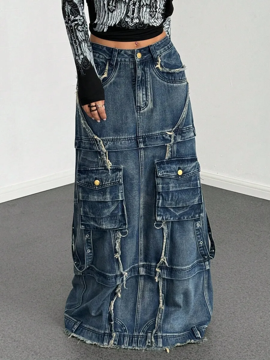 Womens Utility Extra Long Denim Cargo Skirt With Pockets
Womens Utility Extra Long Denim Cargo Skirt With Pockets