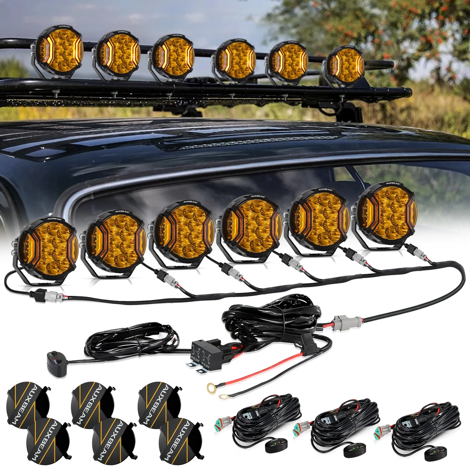 AUXBEAM 6Pcs V-ULTRA SERIES 5inch 172W 20400LM LED Driving Lights with SIDE SHOOTER Black Cover Amber DRL Spot Work Light Pod
AUXBEAM 6Pcs V-ULTRA SERIES 5inch 172W 20400LM LED Driving Lights with SIDE SHOOTER Black Cover Amber DRL Spot Work Light Pod