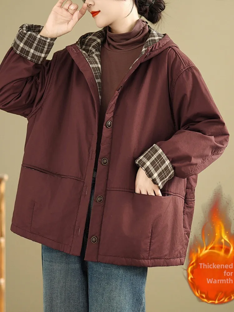 Retro Plaid Lined Hooded Cotton Jacket Women's Winter Cotton Coat Casual Warm Loose Stand Collar Inner Fill Cotton Outerwear
Retro Plaid Lined Hooded Cotton Jacket Women's Winter Cotton Coat Casual Warm Loose Stand Collar Inner Fill Cotton Outerwear
