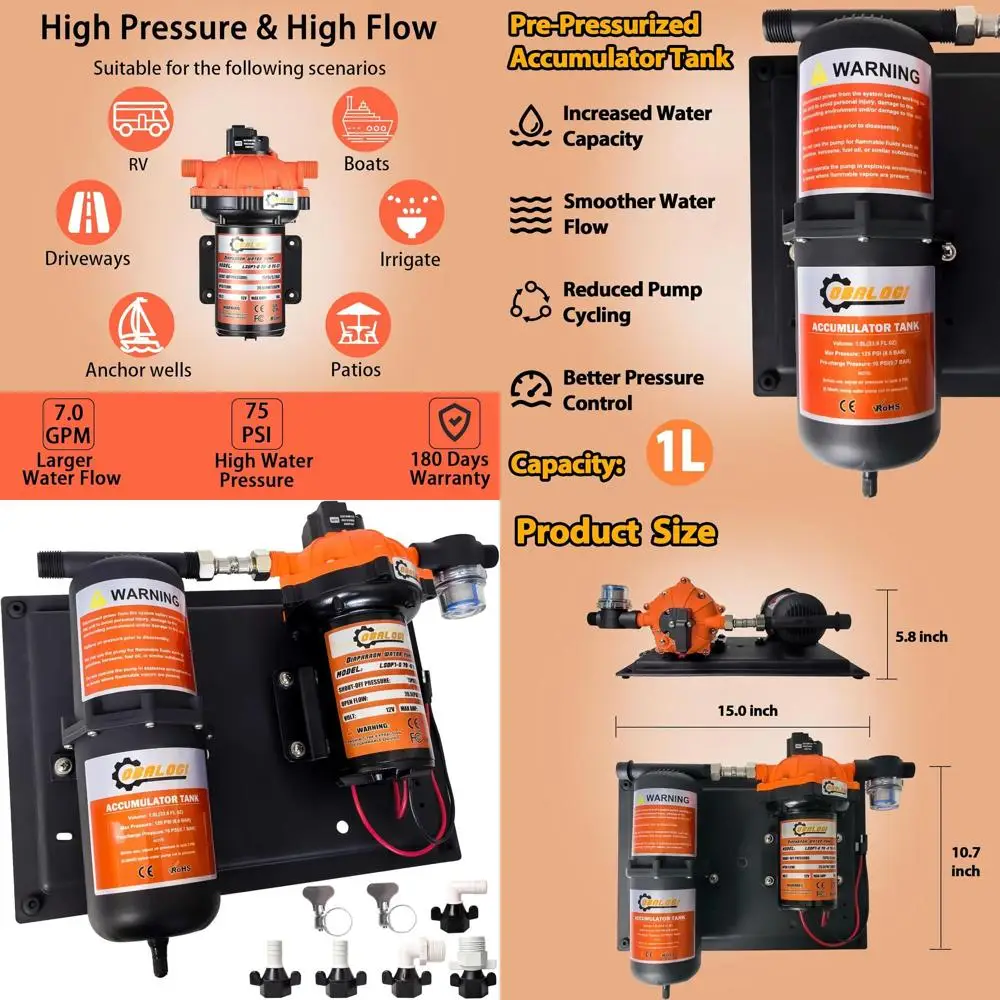 12V DC RV Fresh Water Pump, 7.0GPM 75PSI, Five Chamber Self-Priming Diaphragm Pump, with 1L Pressure Tank
12V DC RV Fresh Water Pump, 7.0GPM 75PSI, Five Chamber Self-Priming Diaphragm Pump, with 1L Pressure Tank