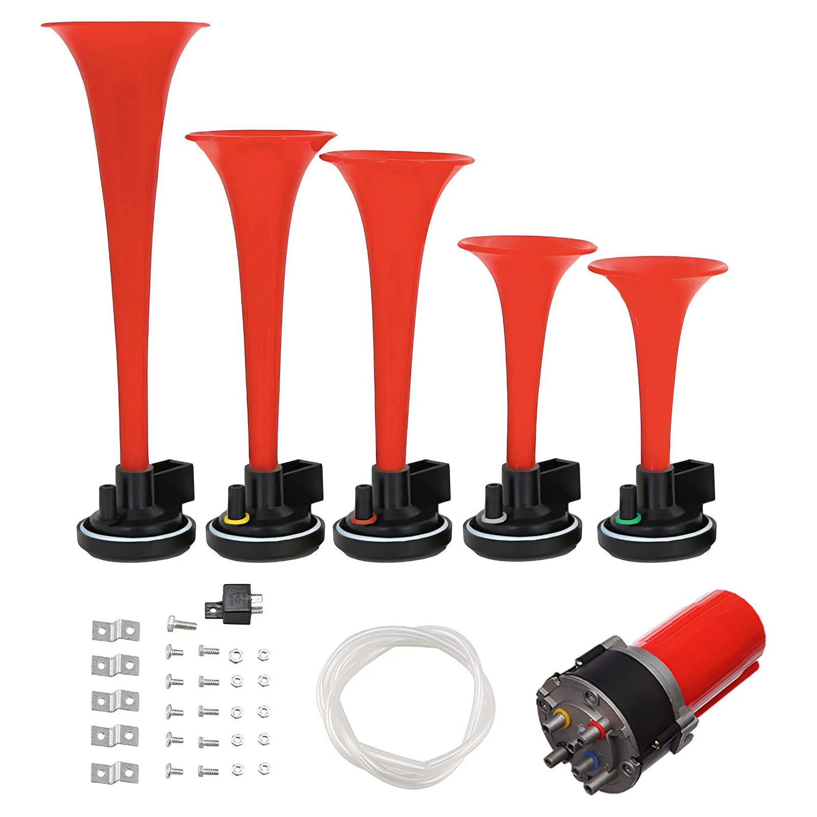 12V Electric Air Horn Kit with 10.4in-5.7in 5-Pack, 100,000+ Cycles, ABS Vehicle Horns Set for Trucks Cars
12V Electric Air Horn Kit with 10.4in-5.7in 5-Pack, 100,000+ Cycles, ABS Vehicle Horns Set for Trucks Cars