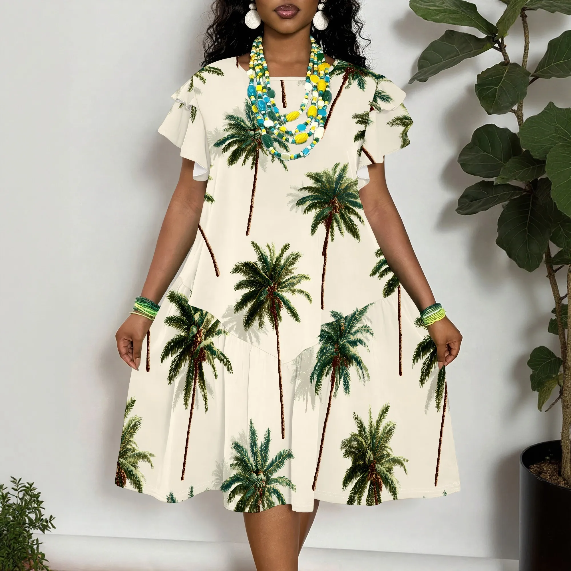 Women's Tropical Palm Tree Print Dress with Ruffle Sleeves, Casual Beach Vacation Midi Dress
Women's Tropical Palm Tree Print Dress with Ruffle Sleeves, Casual Beach Vacation Midi Dress