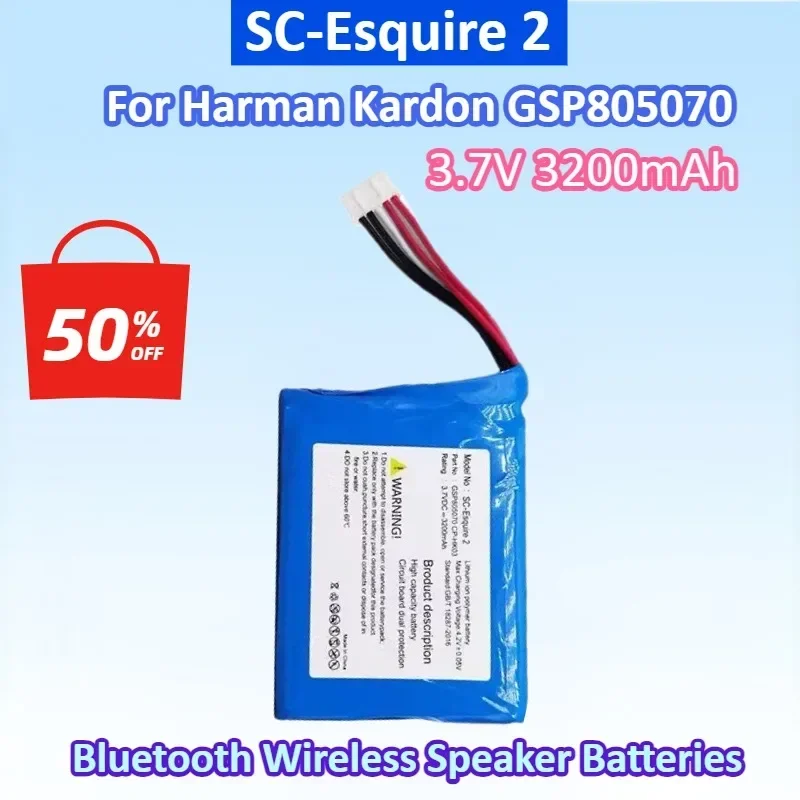NEW CP-HK03 3.7V 3200mAh GSP805070 Replacement Battery For Harman Kardon Esquire 2 Bluetooth Wireless Speaker Batteries
NEW CP-HK03 3.7V 3200mAh GSP805070 Replacement Battery For Harman Kardon Esquire 2 Bluetooth Wireless Speaker Batteries