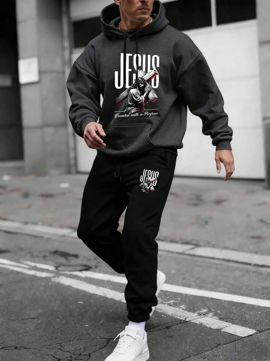 Mens Fleece Hoodie And Sweatpants Set With Jesus Print Casual Tracksuit
Mens Fleece Hoodie And Sweatpants Set With Jesus Print Casual Tracksuit