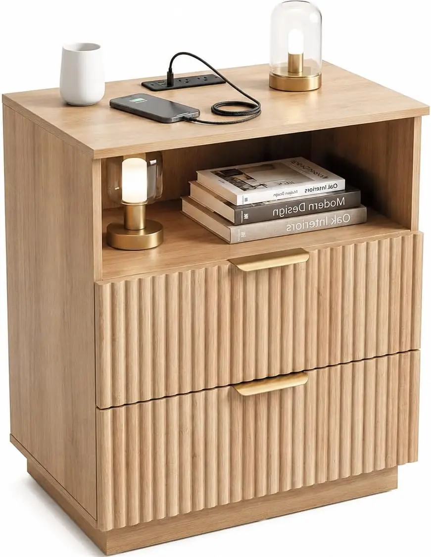 Nightstand with Charging Station, Fluted Night Stand Bedside Table with 2 Storage Drawers & Open Shelf, Small Side Table End Table for Bedroom,Living Room, Natural Oak
Nightstand with Charging Station, Fluted Night Stand Bedside Table with 2 Storage Drawers & Open Shelf, Small Side Table End Table for Bedroom,Living Room, Natural Oak