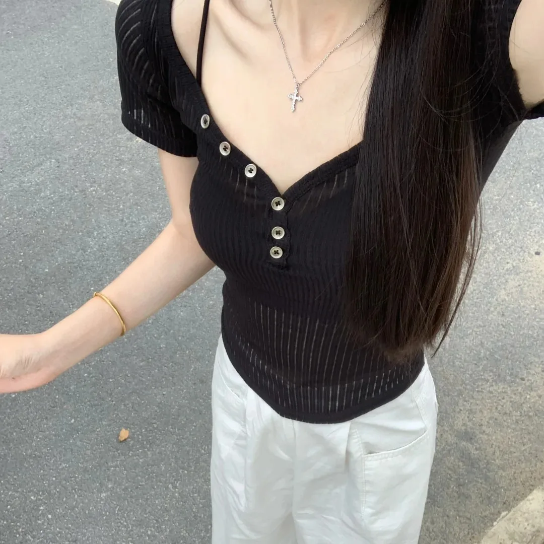 Half Open Collar Button Design, Shoulder Length Short Sleeved T-Shirt, Women's 2025 Summer Versatile Top
Half Open Collar Button Design, Shoulder Length Short Sleeved T-Shirt, Women's 2025 Summer Versatile Top