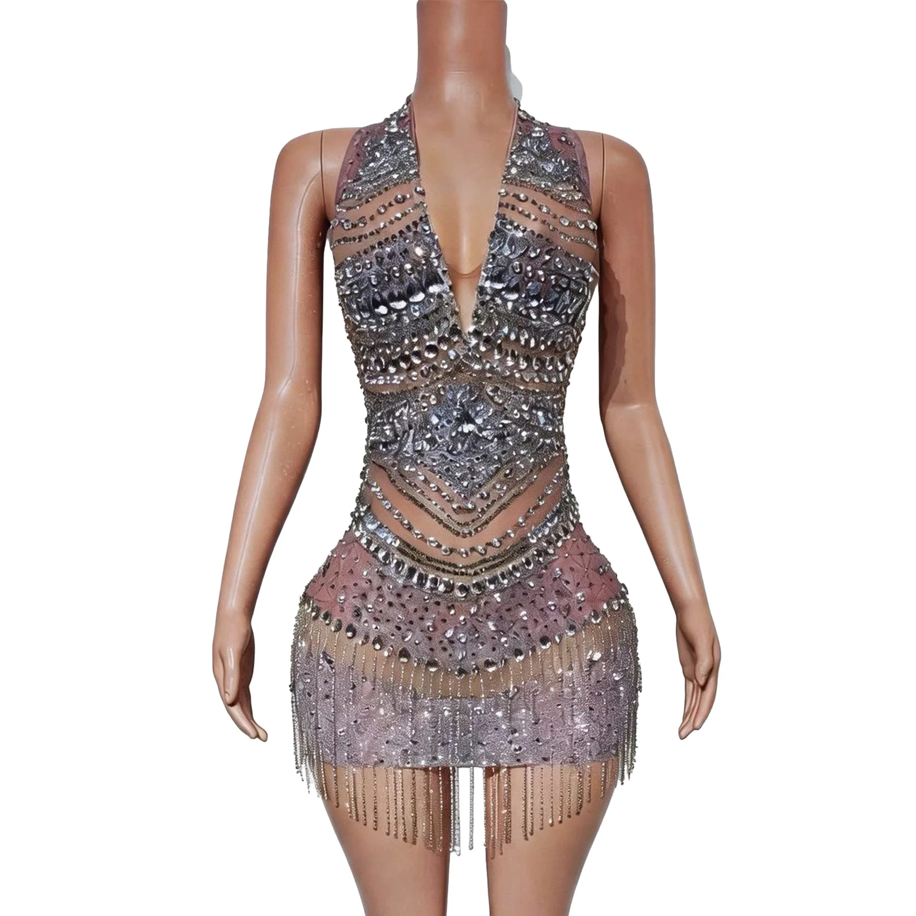 Jingyu Women Silver Pink Ombre Rhinestone Mini Dress Halter Deep V Neck Mesh Cutout Chain Tassel Fringe Nightclub Party Outfit
Jingyu Women Silver Pink Ombre Rhinestone Mini Dress Halter Deep V Neck Mesh Cutout Chain Tassel Fringe Nightclub Party Outfit