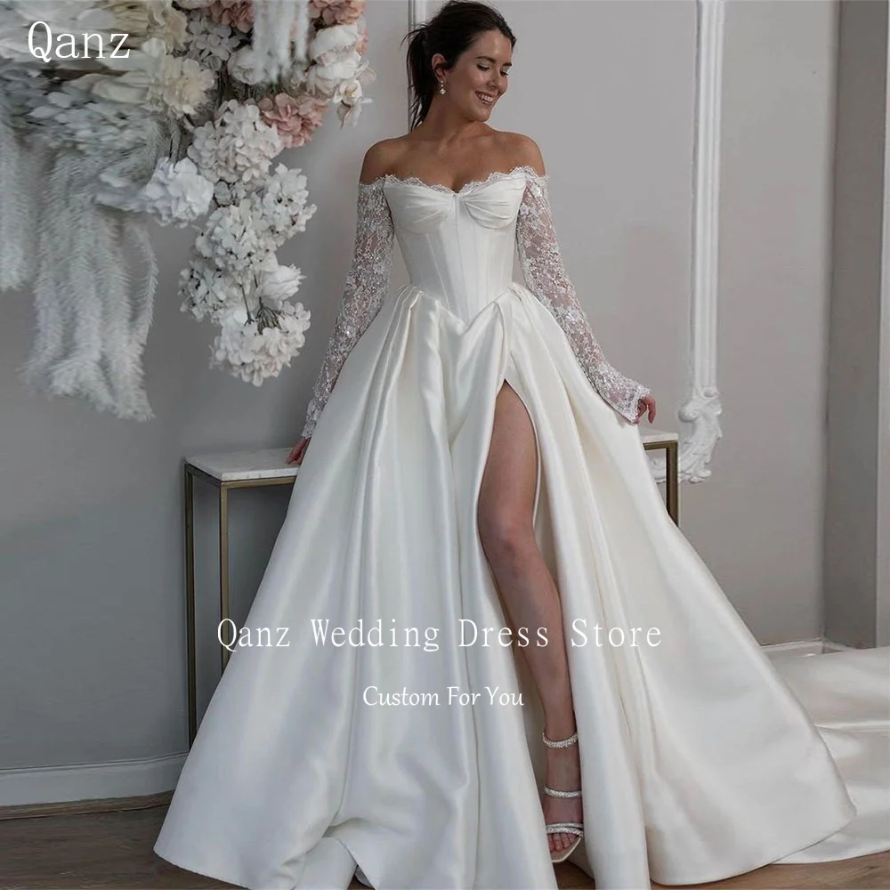Qanz Vintage Off The Shoulder A-Line Lace Bride Gown Sweetheart Neck Satin High Slit Lace Up Back Wedding Dresses for Women 2024
Qanz Vintage Off The Shoulder A-Line Lace Bride Gown Sweetheart Neck Satin High Slit Lace Up Back Wedding Dresses for Women 2024