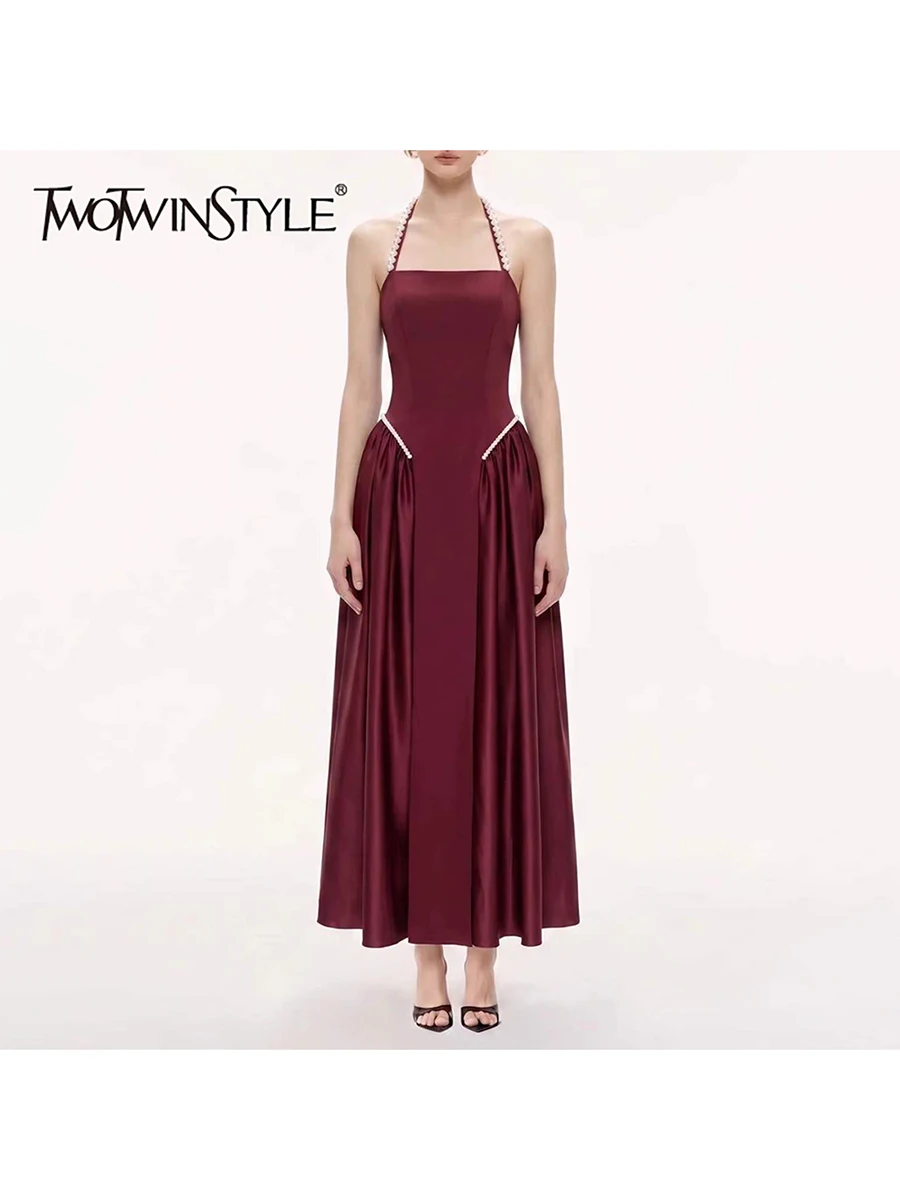 TWOTWINSTYLE Solid Slimming Spliced Beading Dress for Women Halter Neck Sleeveless Patchwork Folds Midi Dresses Female Elegant
TWOTWINSTYLE Solid Slimming Spliced Beading Dress for Women Halter Neck Sleeveless Patchwork Folds Midi Dresses Female Elegant