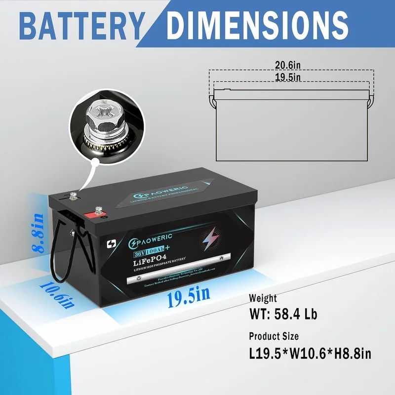 36V 100Ah LiFePO4 Lithium Golf Cart Battery Built-in Smart 200A BMS, Max.7680W Power Output, Perfect for Golf Cart
36V 100Ah LiFePO4 Lithium Golf Cart Battery Built-in Smart 200A BMS, Max.7680W Power Output, Perfect for Golf Cart