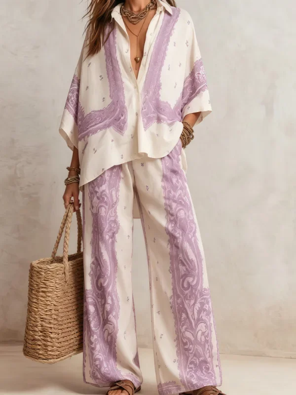 Pink white striped printed women's set fashionable lapel single breasted top and pants 2026 beach vacation casual daily style
Pink white striped printed women's set fashionable lapel single breasted top and pants 2026 beach vacation casual daily style