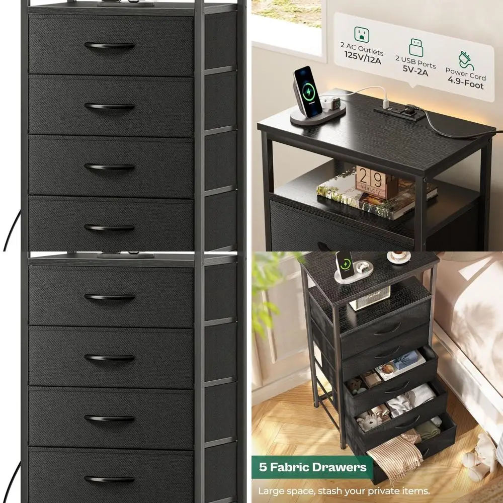 Black Bedroom Dresser with Charging Station, Tall Nightstand, and Fabric Storage for Entryways
Black Bedroom Dresser with Charging Station, Tall Nightstand, and Fabric Storage for Entryways