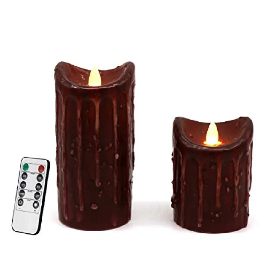 Real Wax Hand Dipped Battery Operated LED Pillar Candles with Timer and Remote Control Primitives Rustic Flickering Dancing Fla