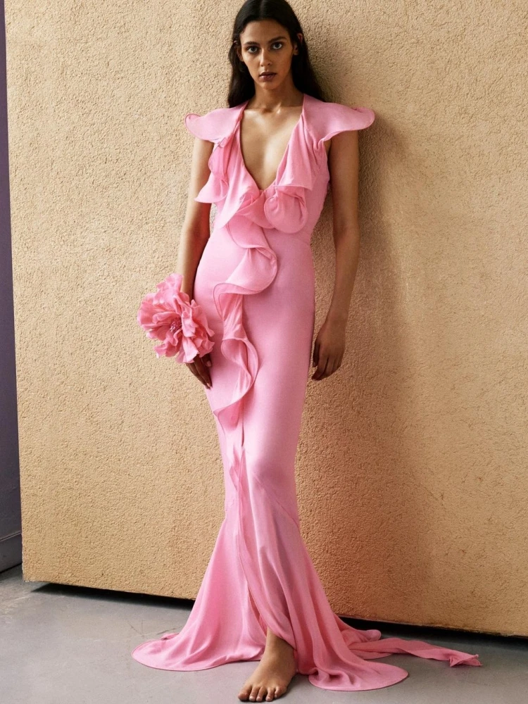 Sexy V Neck Ruffle Draped Maxi Dress Women Pink Sleeveless Flower Design Irregular Ruffles Slim Long Dress Elegant Event Prom
Sexy V Neck Ruffle Draped Maxi Dress Women Pink Sleeveless Flower Design Irregular Ruffles Slim Long Dress Elegant Event Prom