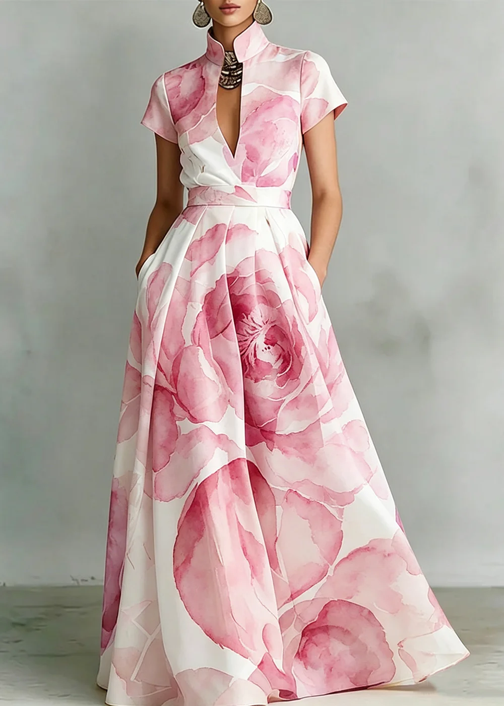 Women's Elegant Maxi Dress Stand Collar Light Pink Watercolor Rose Print Slim Short Sleeve Side Pocket Summer Party Gown
Women's Elegant Maxi Dress Stand Collar Light Pink Watercolor Rose Print Slim Short Sleeve Side Pocket Summer Party Gown