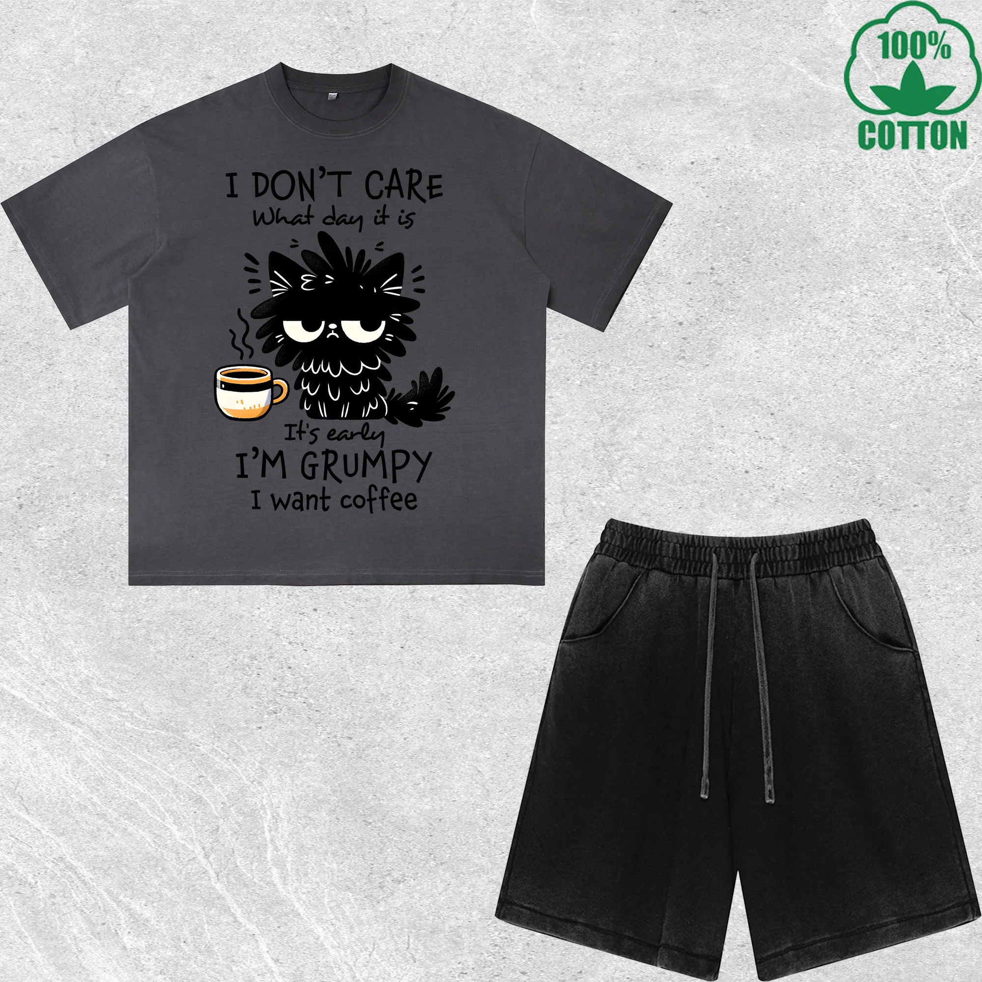 Coffee Cat Printed Dirty Wash T-Shirt Shorts Set Combo Loose Trendy Fashionable 100%Cotton Black Suit
Coffee Cat Printed Dirty Wash T-Shirt Shorts Set Combo Loose Trendy Fashionable 100%Cotton Black Suit