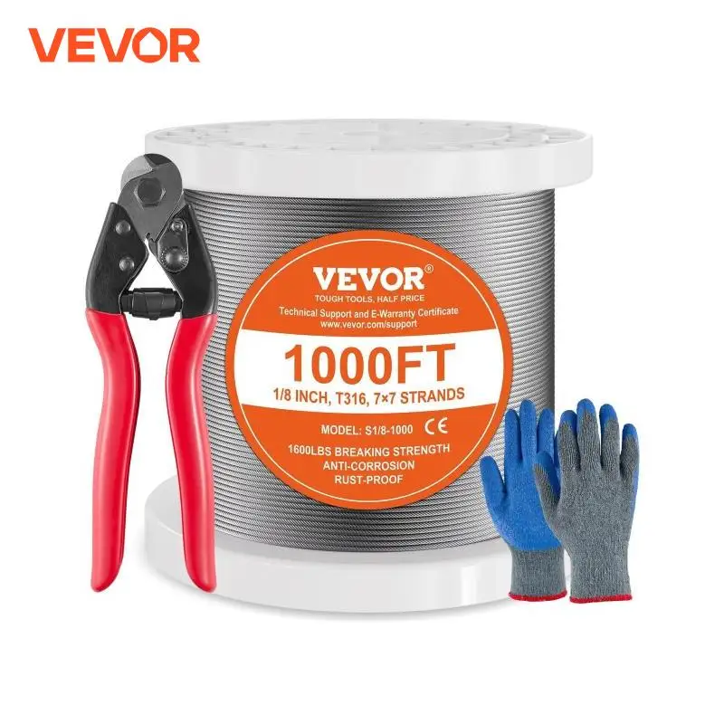 VEVOR 600/1000ft 1/8" 7x7 Strands Wire Rope Kit with Cutter & Gloves 316 Stainless Steel Cable for Handrail Stair Decking Fence
VEVOR 600/1000ft 1/8" 7x7 Strands Wire Rope Kit with Cutter & Gloves 316 Stainless Steel Cable for Handrail Stair Decking Fence
