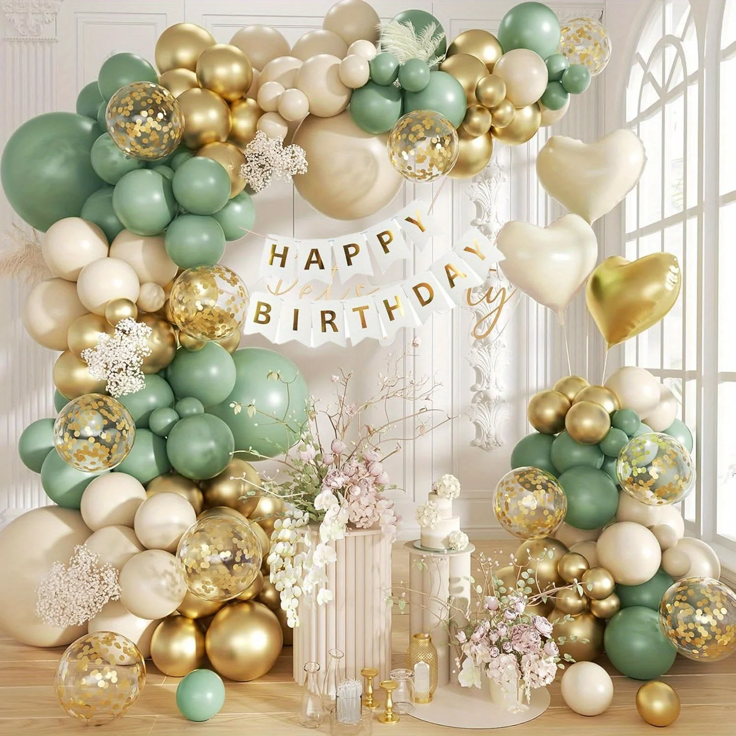 141pcs Sand-and-white Green Gold Birthday Themed Balloon Wreath Set Heart-shaped Balloon Birthday Party Wedding Anniversary
141pcs Sand-and-white Green Gold Birthday Themed Balloon Wreath Set Heart-shaped Balloon Birthday Party Wedding Anniversary