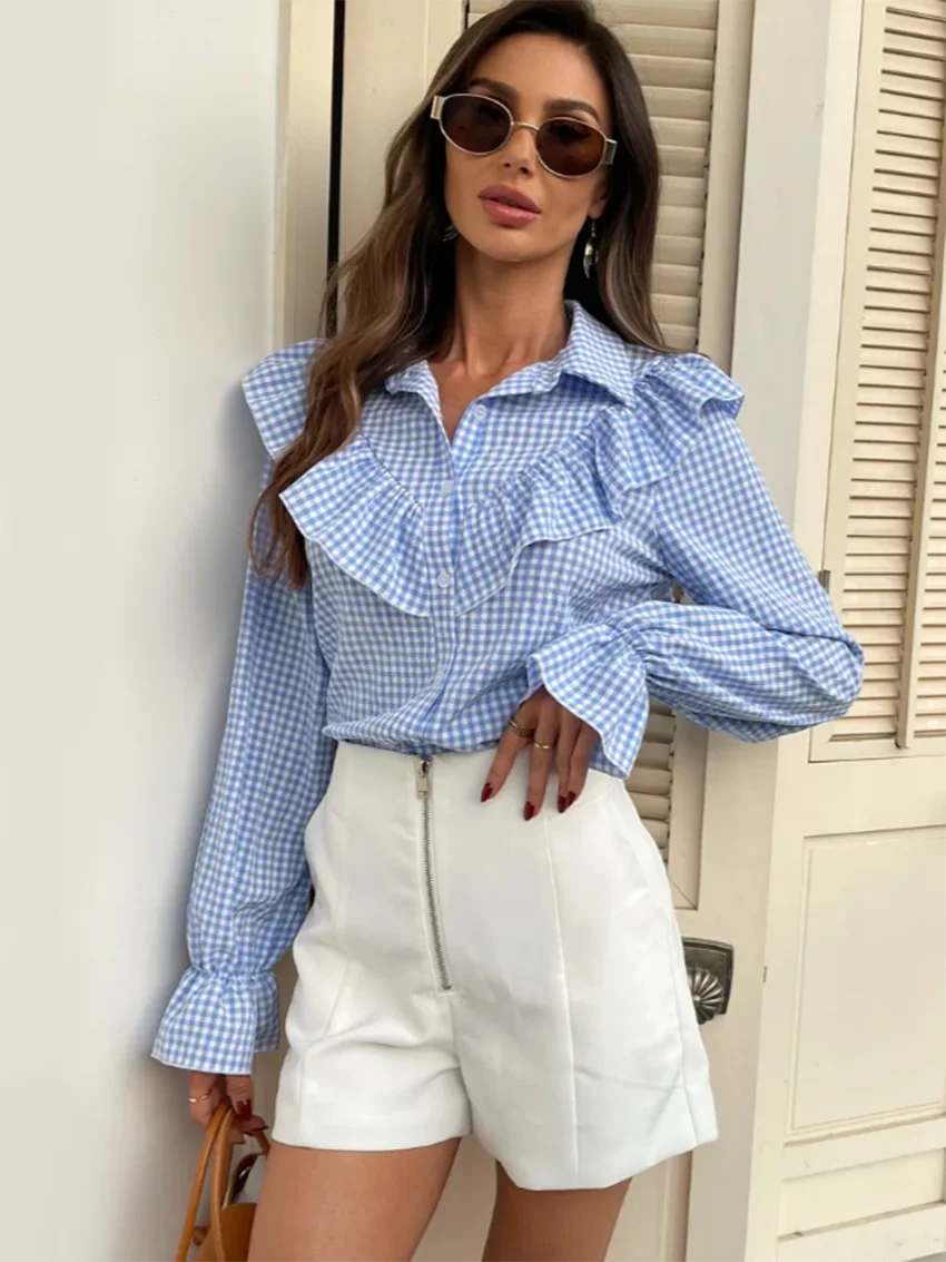 Parc Fee Fashion Loose Blue Plaid Women's Blouse 2026 Spring Lapel Long Sleeve Lady Shirt Elegant Ruffles Top Female Clothing
Parc Fee Fashion Loose Blue Plaid Women's Blouse 2026 Spring Lapel Long Sleeve Lady Shirt Elegant Ruffles Top Female Clothing