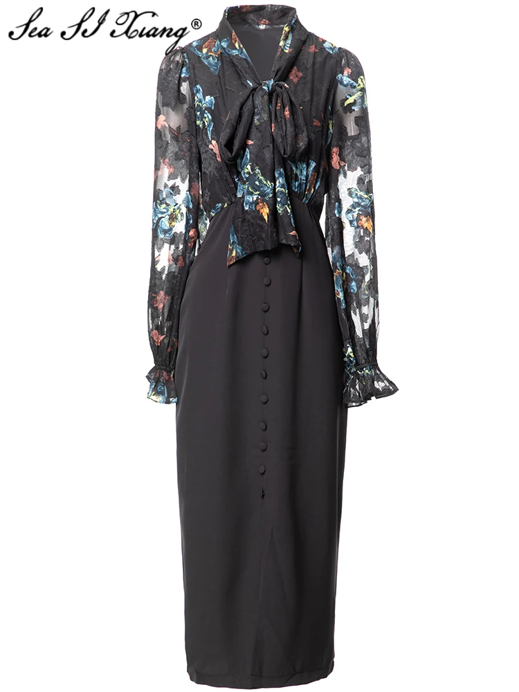 Seasixiang Fashion Designer Spring Slit Pencil Dress Women Lace-Up Collar Flare Sleeve Floral Print Vintage Patchwork Dresses
Seasixiang Fashion Designer Spring Slit Pencil Dress Women Lace-Up Collar Flare Sleeve Floral Print Vintage Patchwork Dresses