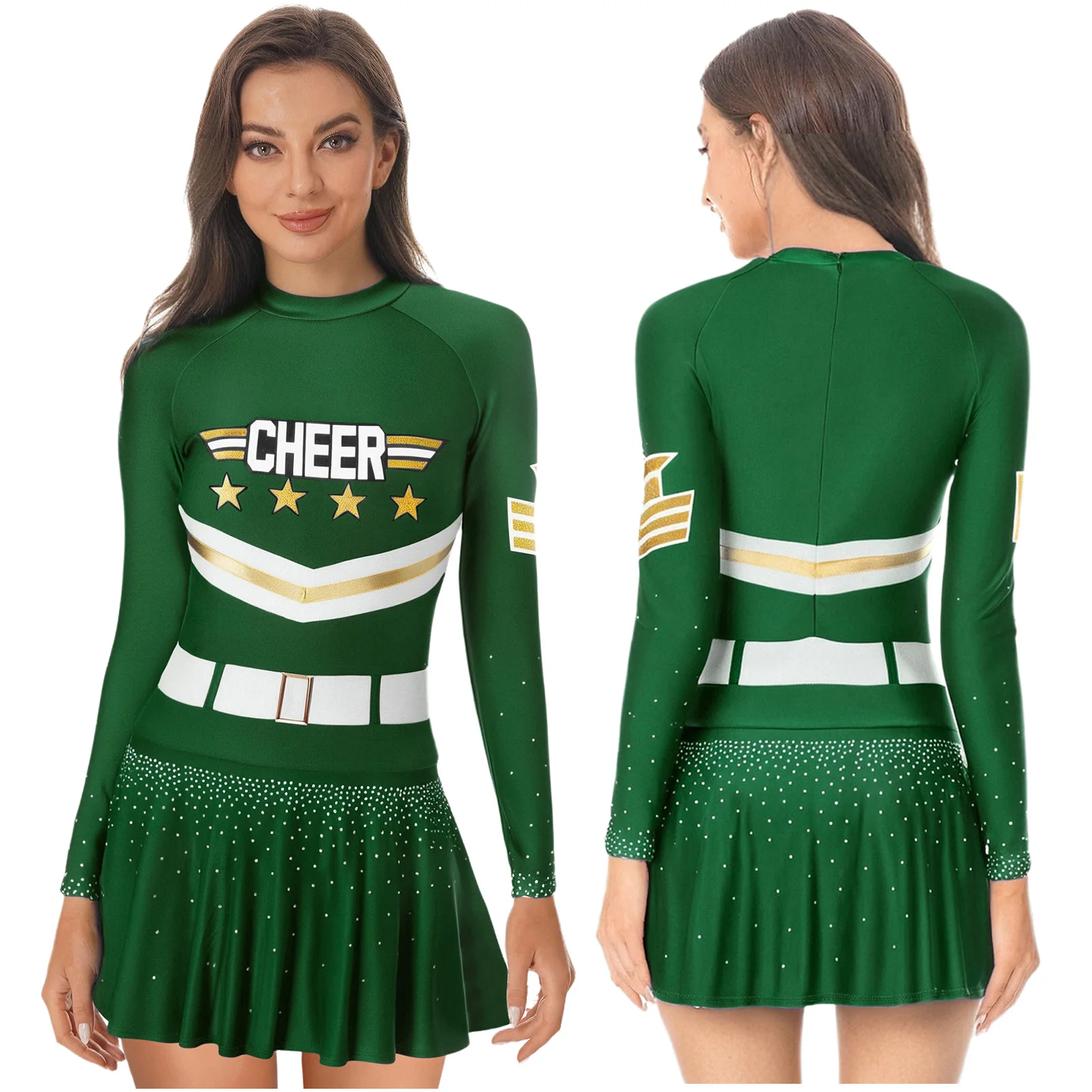 Women Cheer-leading Dress Fashion Letter Star Stripe Printed Glittery Rhinestone Embellished Halloween Cosplay Party Outfit 
Women Cheer-leading Dress Fashion Letter Star Stripe Printed Glittery Rhinestone Embellished Halloween Cosplay Party Outfit