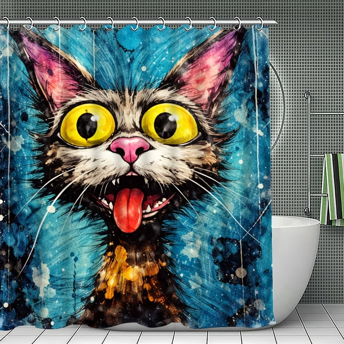 Funny Cat Shower Curtain - Crazy Cat Face with Tongue Out, Abstract Watercolor Art, Colorful Animal Print, Unique Bathroom Decor
Funny Cat Shower Curtain - Crazy Cat Face with Tongue Out, Abstract Watercolor Art, Colorful Animal Print, Unique Bathroom Decor
