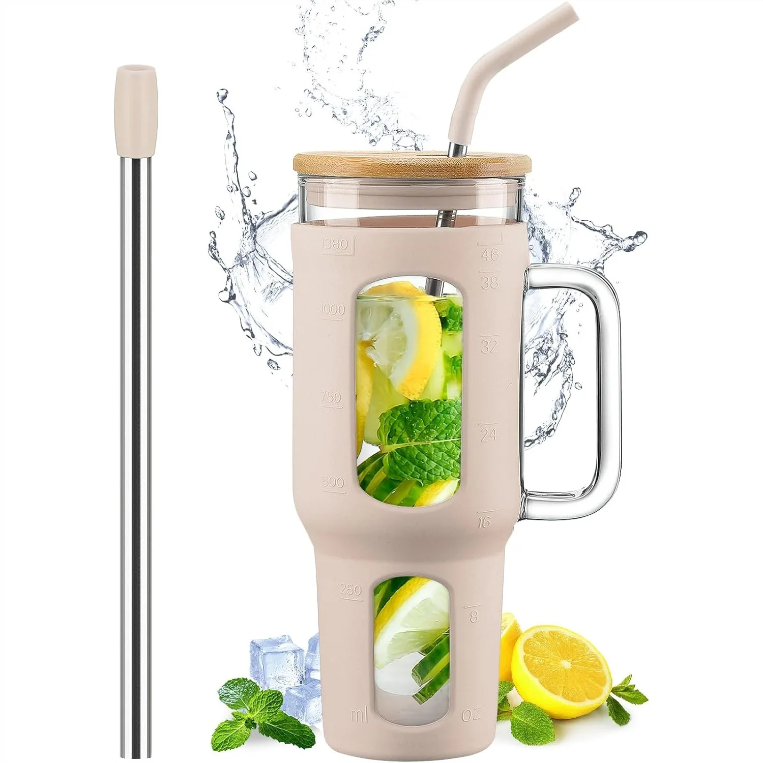 Glass Tumbler with Lid and Straw, 46 oz Iced Coffee Cup with Handle, Large Water Bottles with Silicone Sleeve, BPA-Free
Glass Tumbler with Lid and Straw, 46 oz Iced Coffee Cup with Handle, Large Water Bottles with Silicone Sleeve, BPA-Free