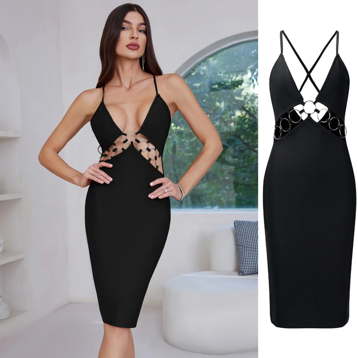 Women Sexy Black Sleeveless Deep-V Bandage Midi Dress Cut-Out Nightclubs Cocktail Events Evening Gowns
Women Sexy Black Sleeveless Deep-V Bandage Midi Dress Cut-Out Nightclubs Cocktail Events Evening Gowns