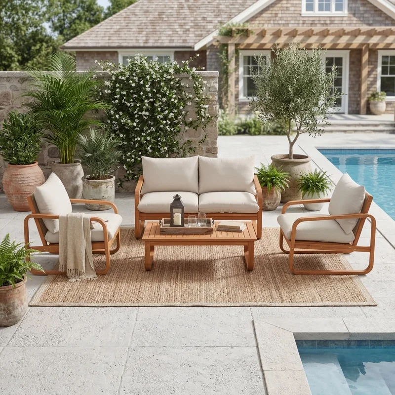 4-Piece Acacia Wood Outdoor Patio Set: Loveseat, Two Chairs, Coffee Table with Thick Cushions – Weather-Resistant Modern Seating for Backyard or Pool Area
4-Piece Acacia Wood Outdoor Patio Set: Loveseat, Two Chairs, Coffee Table with Thick Cushions – Weather-Resistant Modern Seating for Backyard or Pool Area