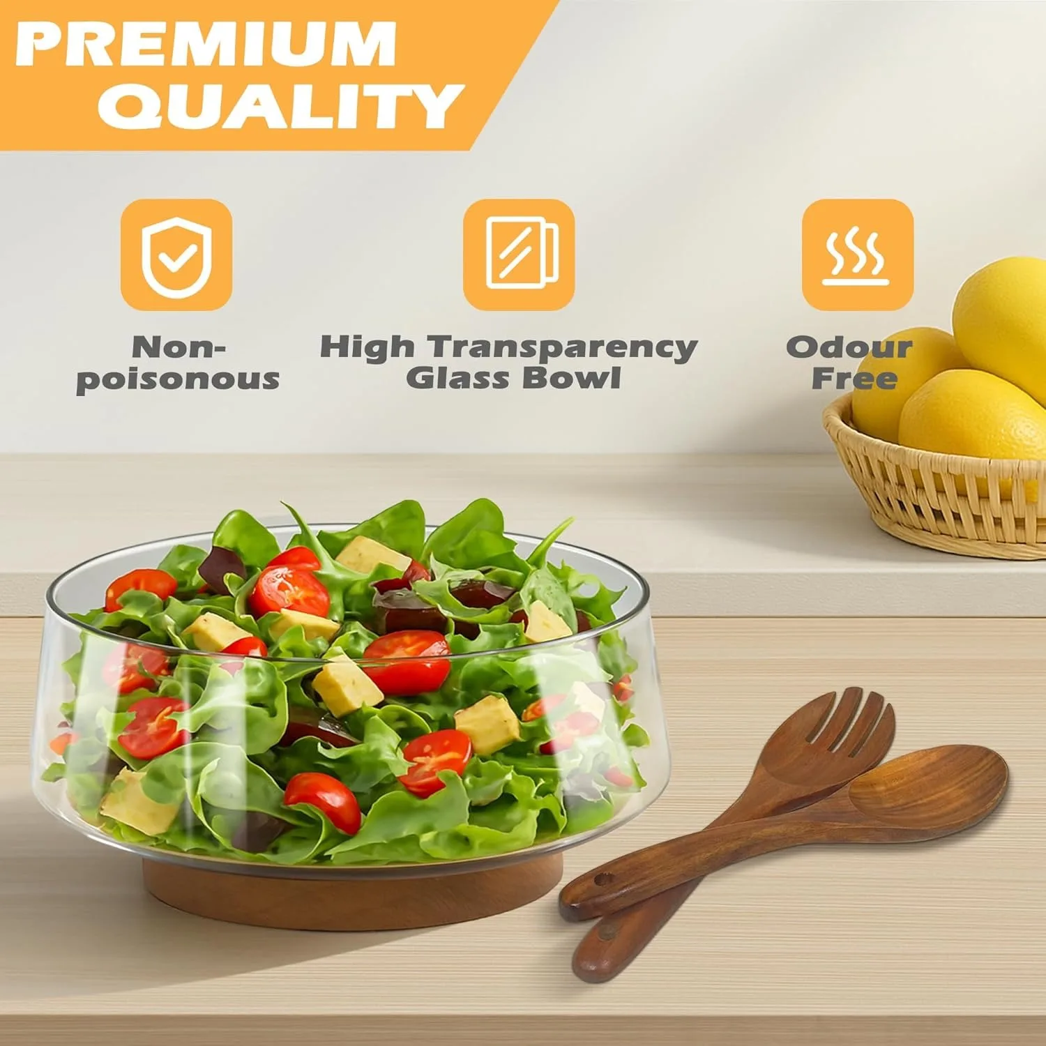 Large Clear Glass Salad Bowl Set With Solid Wood Base | Elegant Oval Shape, Handmade, Ideal For Kitchen Utensils And Party Use
Large Clear Glass Salad Bowl Set With Solid Wood Base | Elegant Oval Shape, Handmade, Ideal For Kitchen Utensils And Party Use