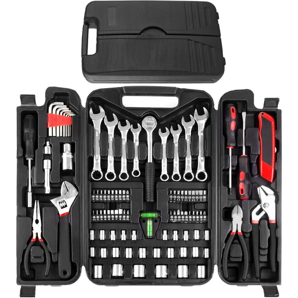 95-Piece Tool Set with Adjustable Wrench, Pliers, Sockets in Portable Red Toolbox for Home and Garage
95-Piece Tool Set with Adjustable Wrench, Pliers, Sockets in Portable Red Toolbox for Home and Garage