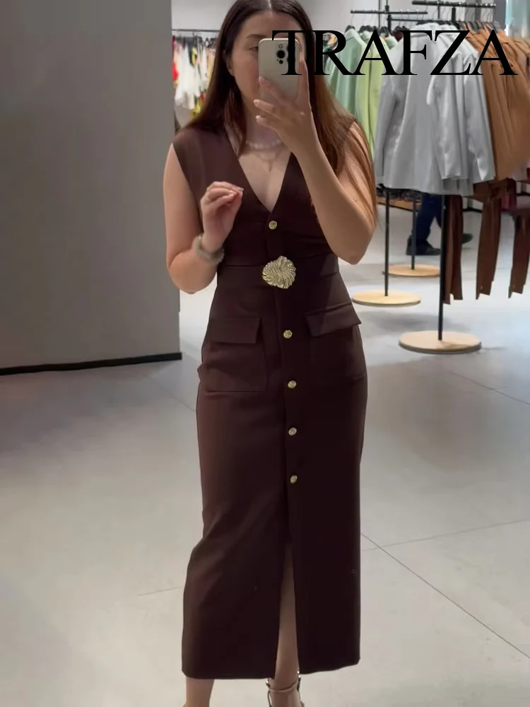 TRAFZA Women Fashion Solid V-Neck Single Breasted Sleeveless Sexy Long Dress Female Elegant Pockets Belt Decoration Zipper Dress
TRAFZA Women Fashion Solid V-Neck Single Breasted Sleeveless Sexy Long Dress Female Elegant Pockets Belt Decoration Zipper Dress