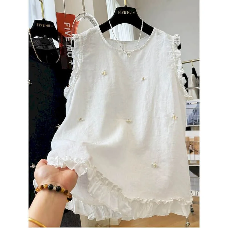 Summer Tank Tops Embroidery O-neck Elegant Loose Casual Korean Style Sleeveless A Hemline Shirt Youthful Ruffle Women Clothing
Summer Tank Tops Embroidery O-neck Elegant Loose Casual Korean Style Sleeveless A Hemline Shirt Youthful Ruffle Women Clothing