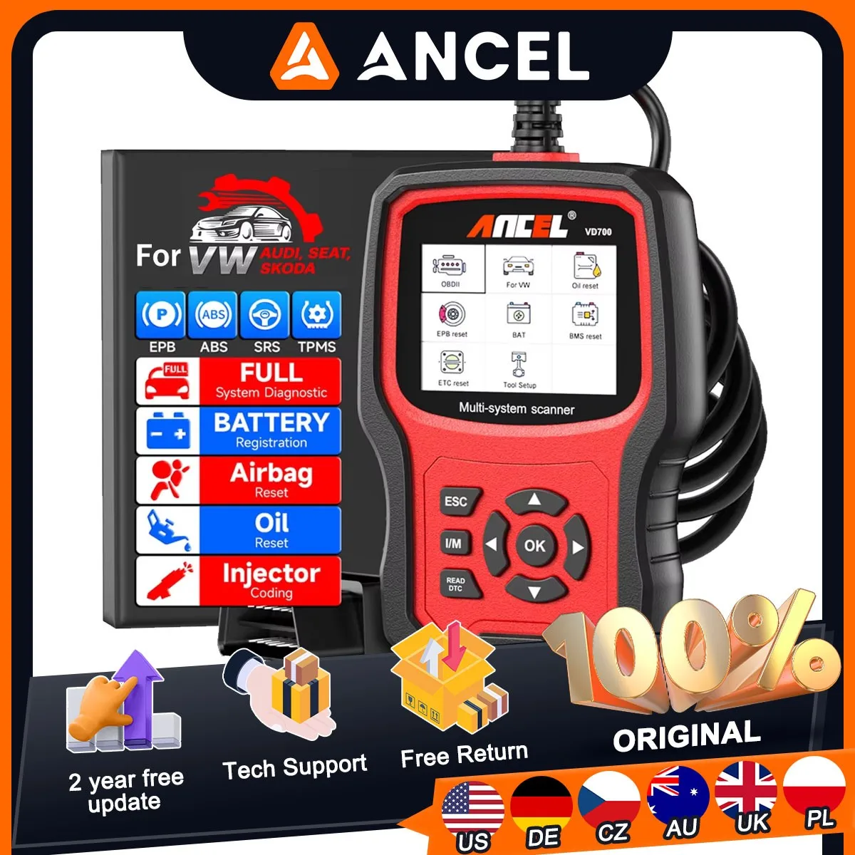 Professional OBD2 Full System Scanner Diagnostic Tools Ancel VD700 ABS EPB TPMS DPF Code Reader Analyzer for VAG VW Audi Skoda
Professional OBD2 Full System Scanner Diagnostic Tools Ancel VD700 ABS EPB TPMS DPF Code Reader Analyzer for VAG VW Audi Skoda