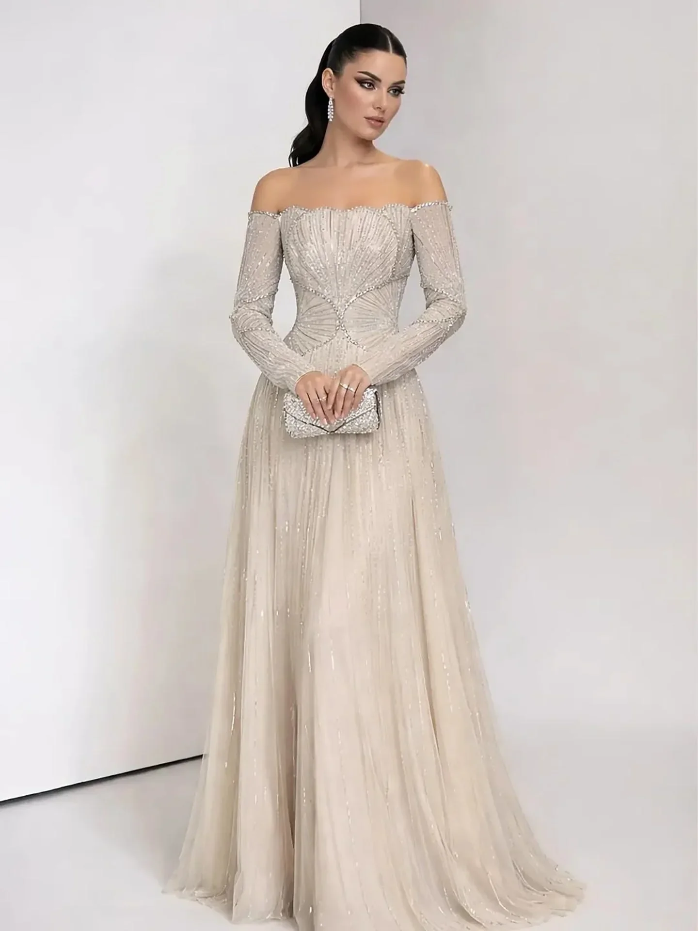 Luxury Silver Beaded Diamond Evening Dress Customize Corset A-Line Off Shoulder Long Sleeves Wedding Cocktail Prom Vestidos
Luxury Silver Beaded Diamond Evening Dress Customize Corset A-Line Off Shoulder Long Sleeves Wedding Cocktail Prom Vestidos