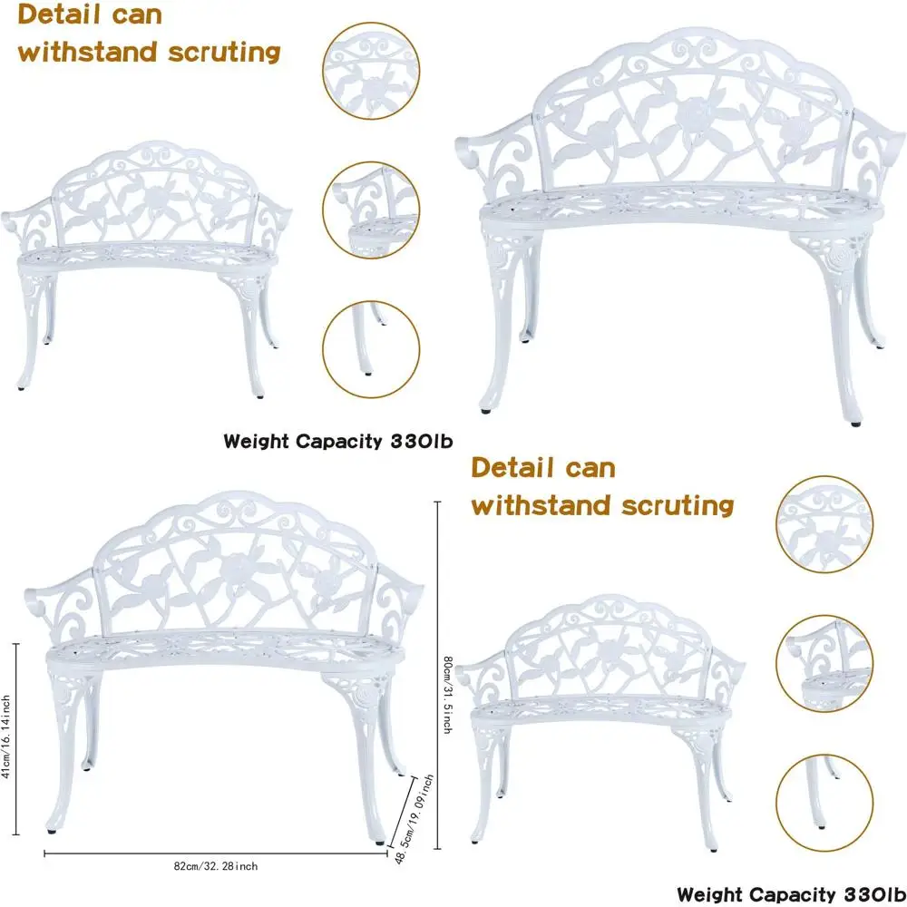 White Cast Aluminum Patio Bench with Rose Design for Outdoor Spaces
White Cast Aluminum Patio Bench with Rose Design for Outdoor Spaces