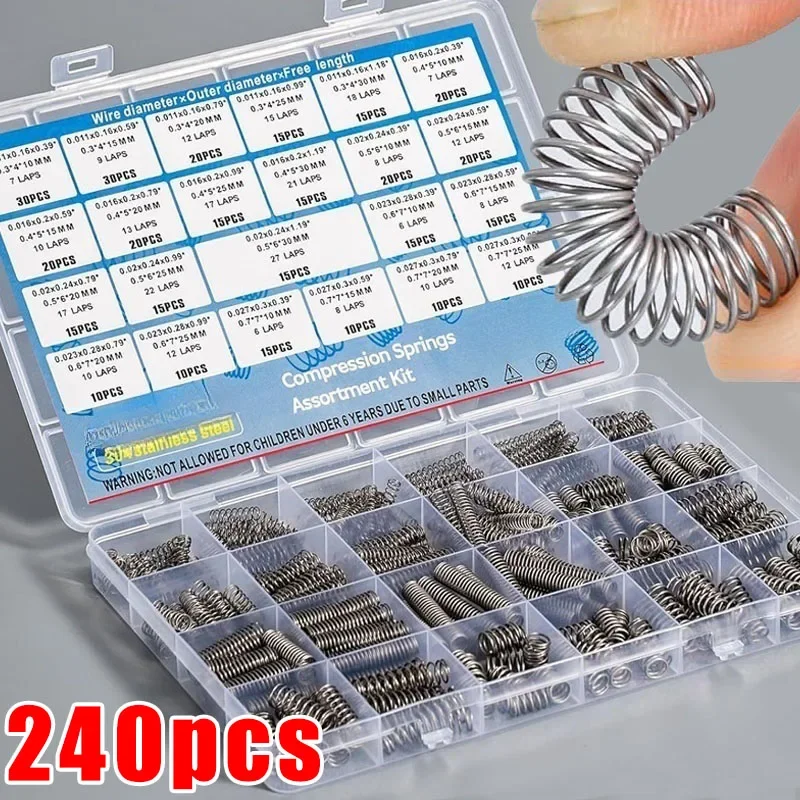 240 шт./кор. набор пружин сжатия, нержавеющая сталь 304 с 15 размерами, маленькие пружины для механического ремонта, проекты DIY
240 шт./кор. набор пружин сжатия, нержавеющая сталь 304 с 15 размерами, маленькие пружины для механического ремонта, проекты DIY