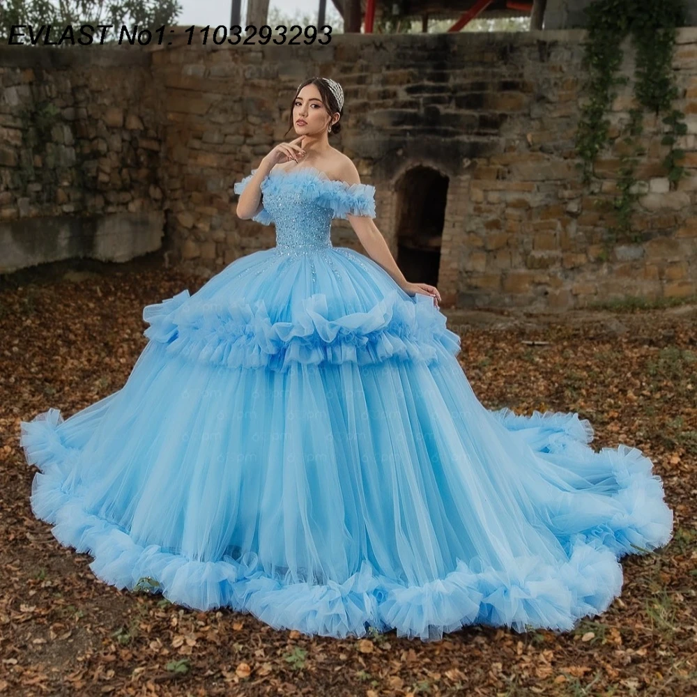 EVLAST индивидуальное блестящее небесно-голубое бальное платье Quinceanera, кружевное платье с аппликацией и оборками из бисера, милое платье 16, Vestidos De 15 Anos E1Q781
EVLAST индивидуальное блестящее небесно-голубое бальное платье Quinceanera, кружевное платье с аппликацией и оборками из бисера, милое платье 16, Vestidos De 15 Anos E1Q781