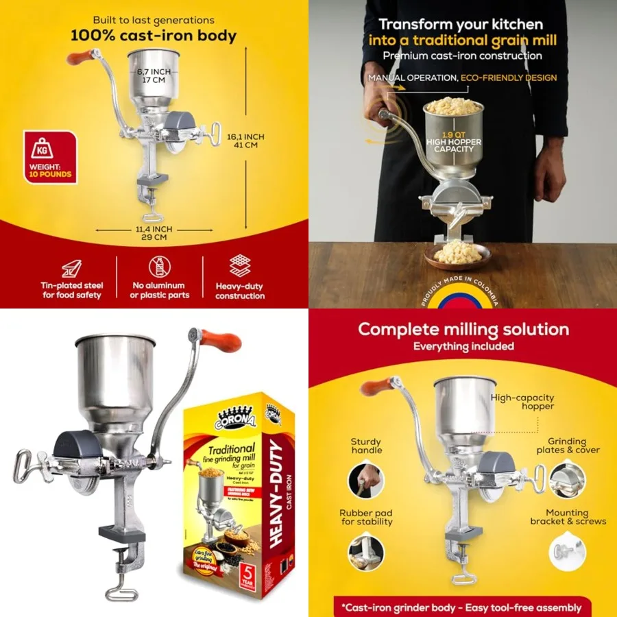 Corona Corn Grinder with High Hopper, Grain Mill, Manual Grinder For Corn, Rice, Soybeans, Pepper, Chickpeas, Cast Iron Wheat G
Corona Corn Grinder with High Hopper, Grain Mill, Manual Grinder For Corn, Rice, Soybeans, Pepper, Chickpeas, Cast Iron Wheat G