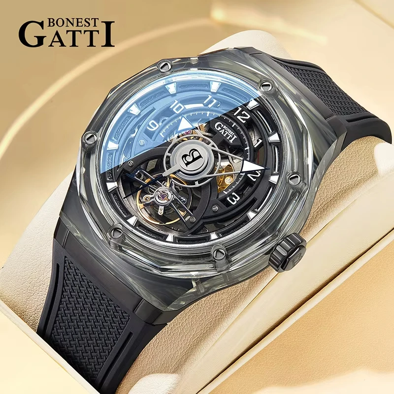 Мужские роскошные часы BONEST GATTI с кристаллическим корпусом, резиновым ремешком, ажурным циферблатом и автоматическим механическим механизмом
Мужские роскошные часы BONEST GATTI с кристаллическим корпусом, резиновым ремешком, ажурным циферблатом и автоматическим механическим механизмом