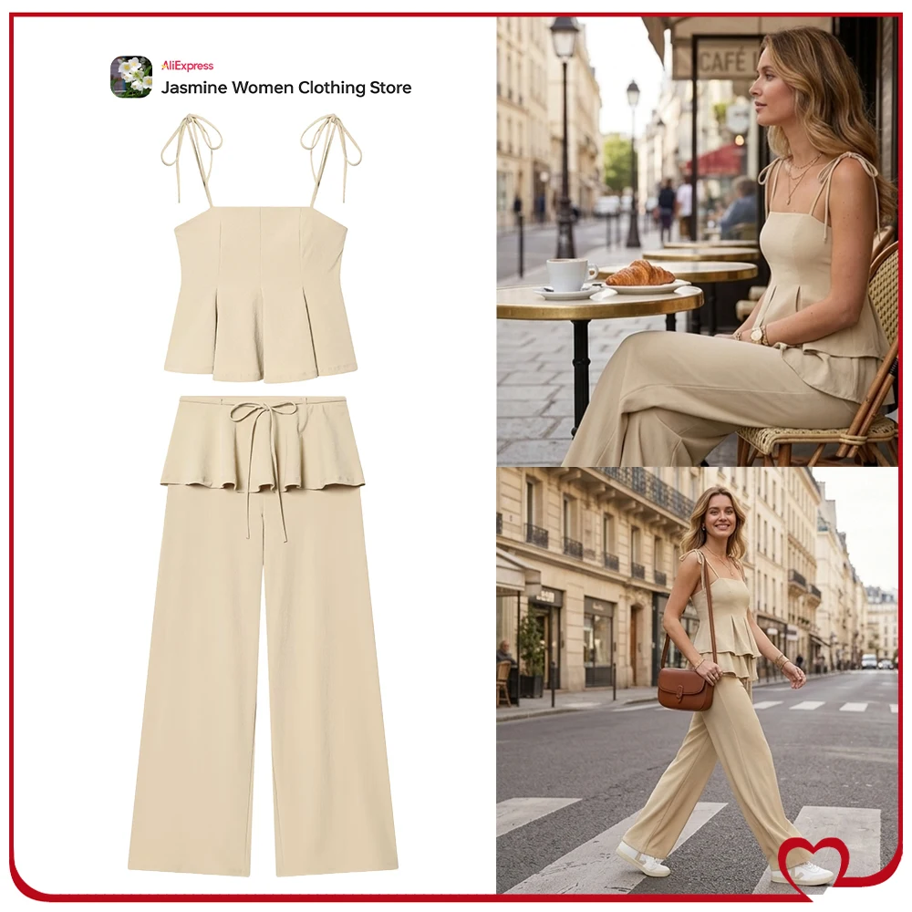 Elegant Summer Pant Sets for Women Relaxtion Co-ord Sets Sweet Peplum Camisole Matching Tonal Wide Leg Pants with Waist Ruching
Elegant Summer Pant Sets for Women Relaxtion Co-ord Sets Sweet Peplum Camisole Matching Tonal Wide Leg Pants with Waist Ruching